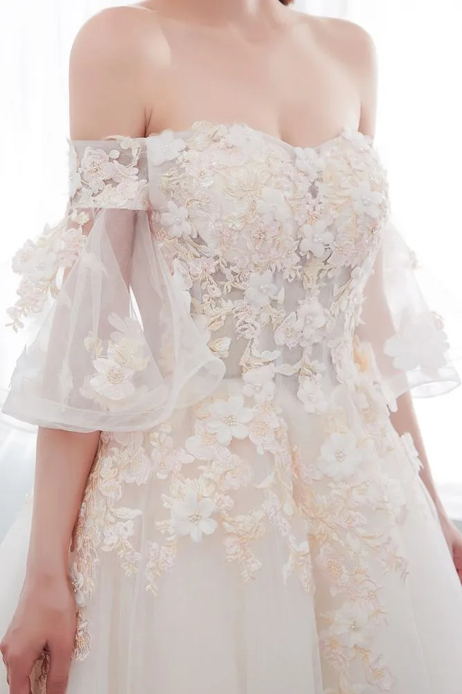 Ball Gown Off the shoulder Floor Length Appliques Tulle Wedding Dresses