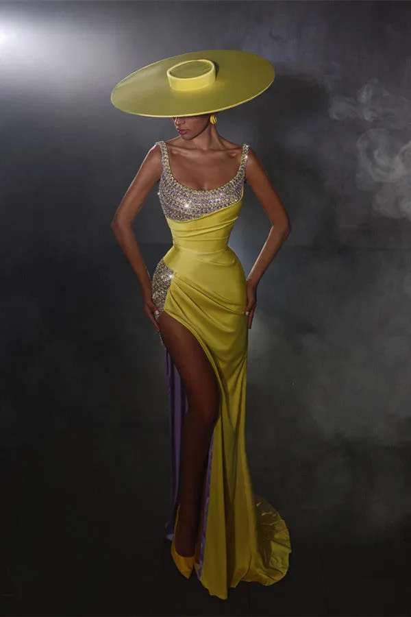 Ballbella Yellow Scoop Sleeveless Prom Dress Mermaid Slit With Beads