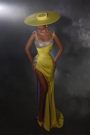 Ballbella Yellow Scoop Sleeveless Prom Dress Mermaid Slit With Beads