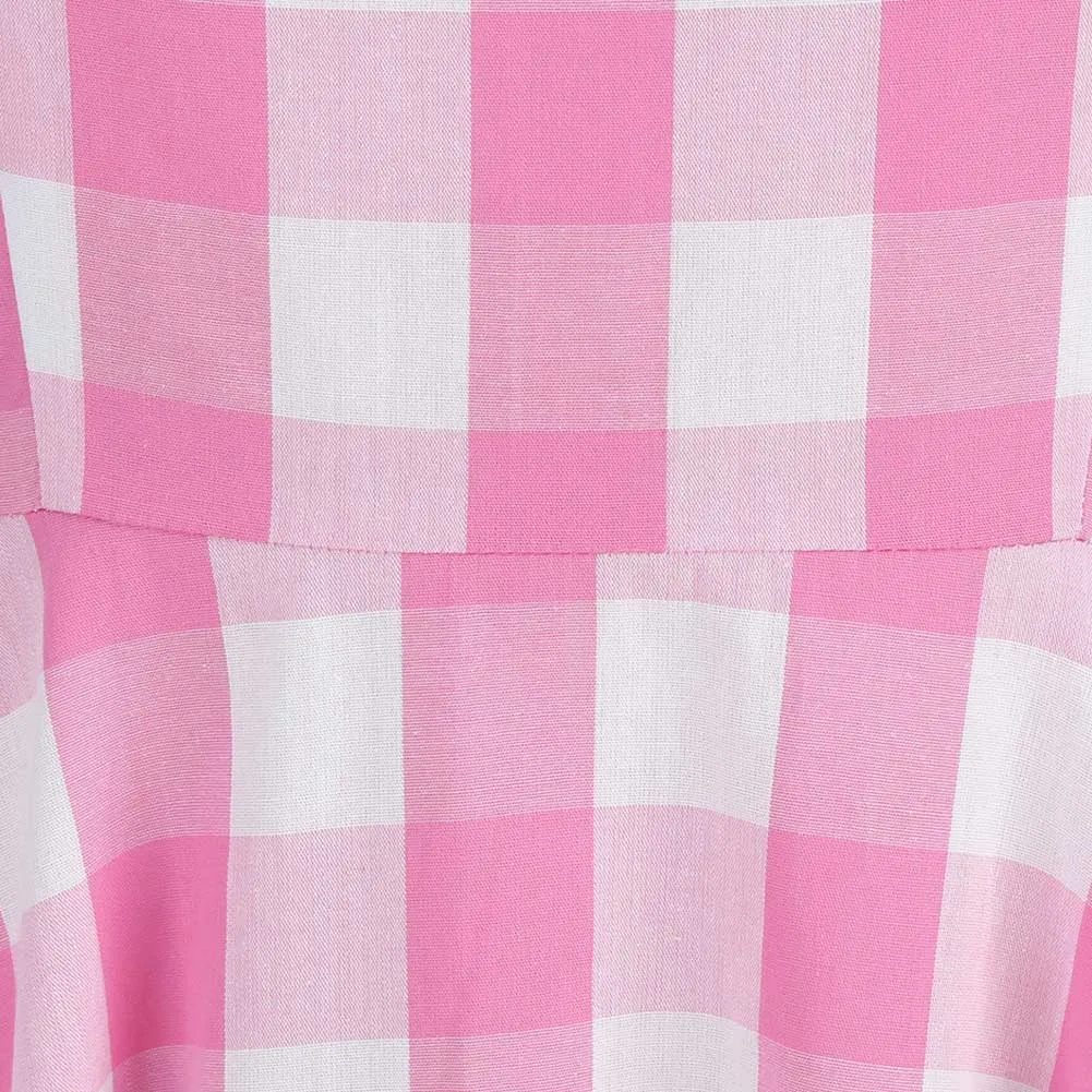 Barbie 2023 Margot Robbie Original Vintage Vacation Pink Plaid Dress Cosplay Costume Outfits