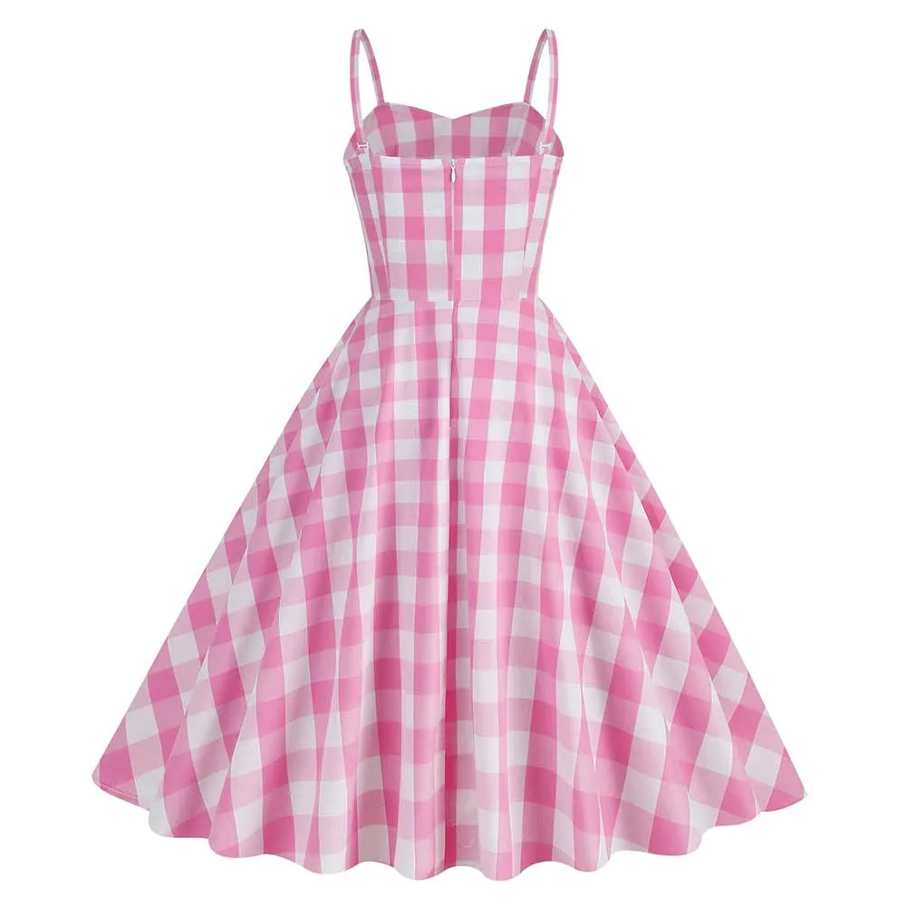 Barbie 2023 Margot Robbie Original Vintage Vacation Pink Plaid Dress Cosplay Costume Outfits
