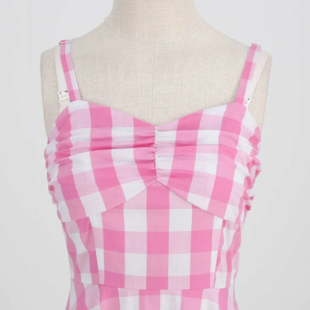 Barbie 2023 Margot Robbie Original Vintage Vacation Pink Plaid Dress Cosplay Costume Outfits