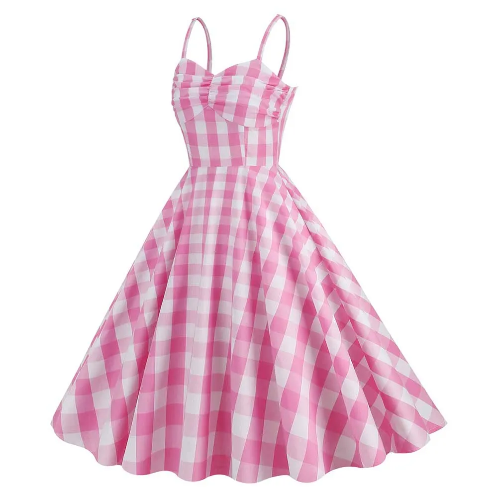 Barbie 2023 Margot Robbie Original Vintage Vacation Pink Plaid Dress Cosplay Costume Outfits
