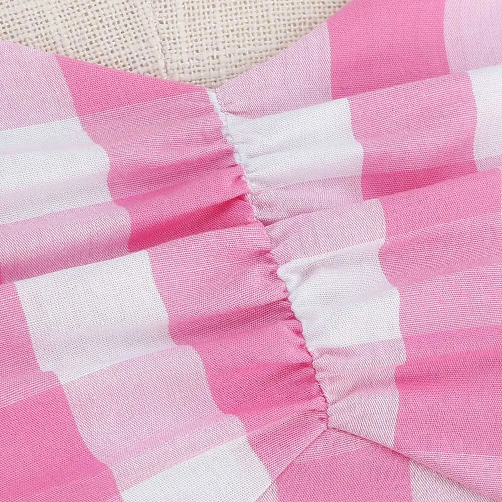 Barbie 2023 Margot Robbie Original Vintage Vacation Pink Plaid Dress Cosplay Costume Outfits