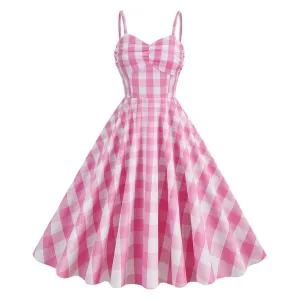 Barbie 2023 Margot Robbie Original Vintage Vacation Pink Plaid Dress Cosplay Costume Outfits