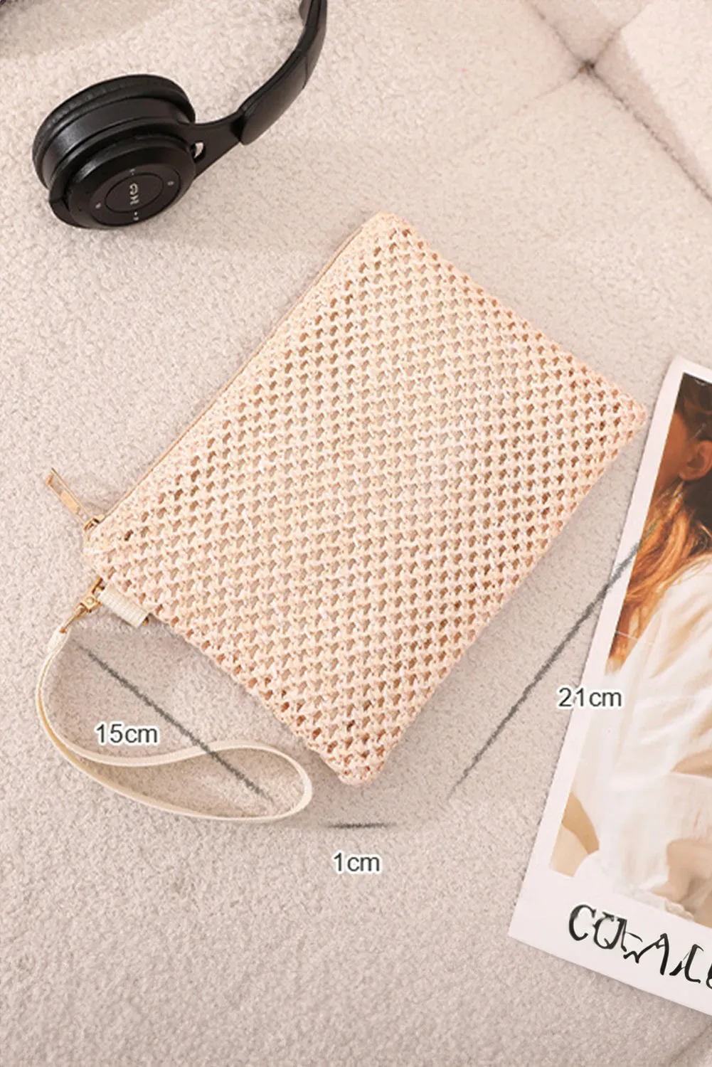 Beige Woven Zipper Wrist Strap Square Handbag