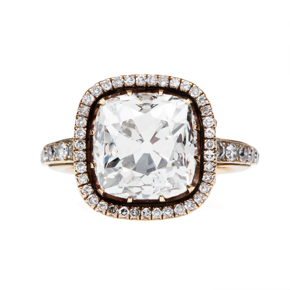 Bell & Bird Antique Cushion Cut Diamond Ring with Diamond Surround