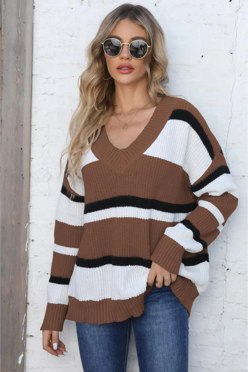 Belle Color Block V-Neck Dropped Shoulder Sweater