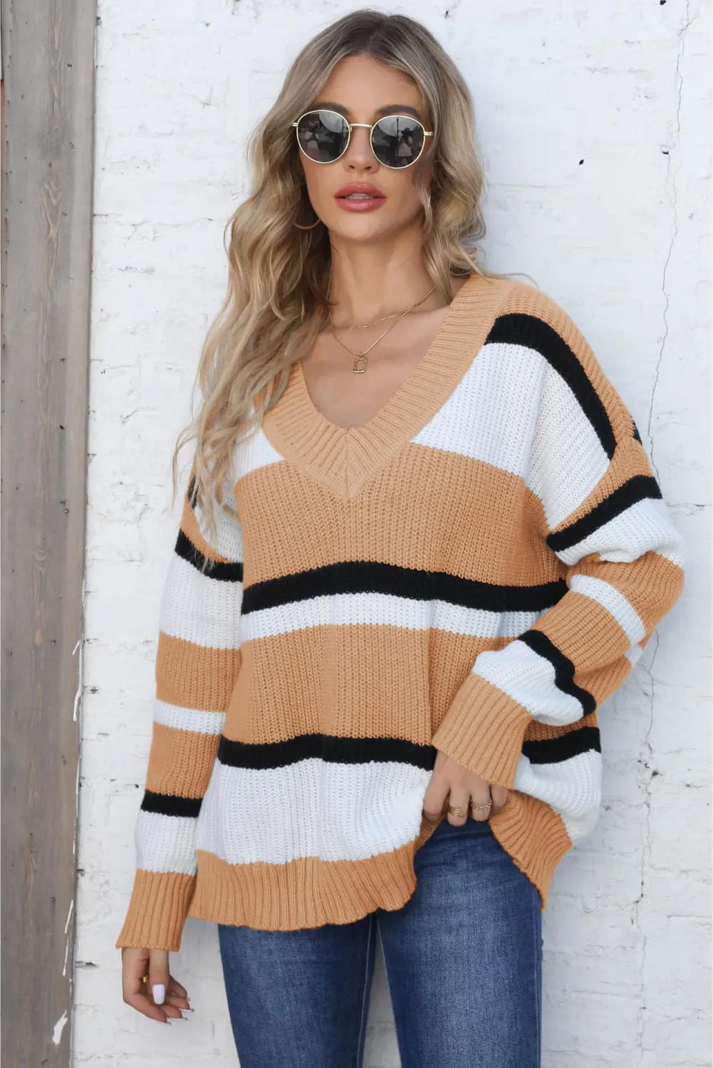 Belle Color Block V-Neck Dropped Shoulder Sweater