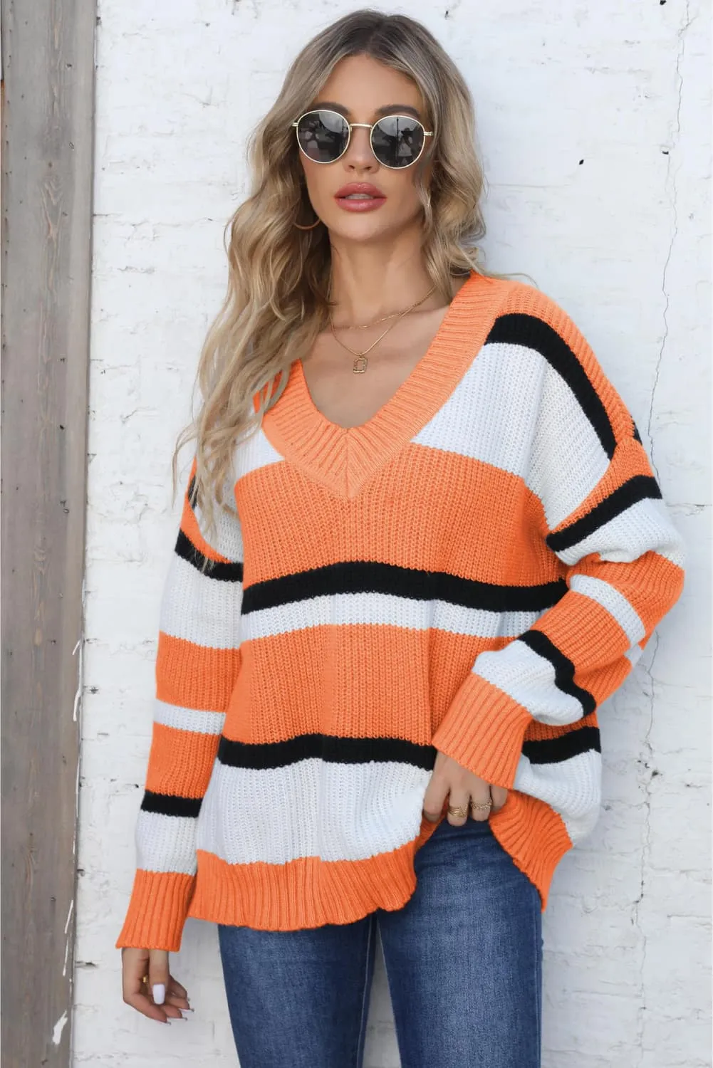 Belle Color Block V-Neck Dropped Shoulder Sweater