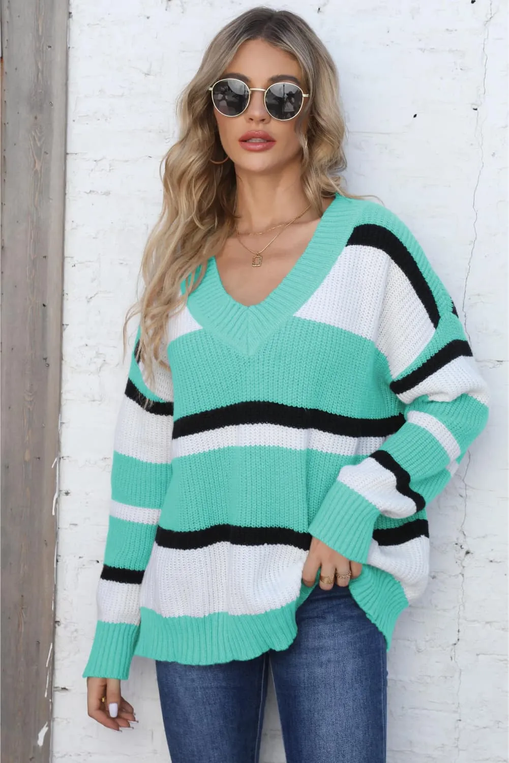 Belle Color Block V-Neck Dropped Shoulder Sweater