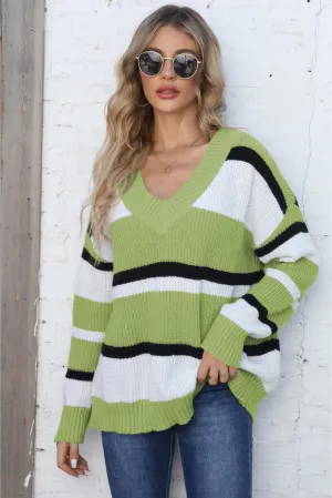Belle Color Block V-Neck Dropped Shoulder Sweater