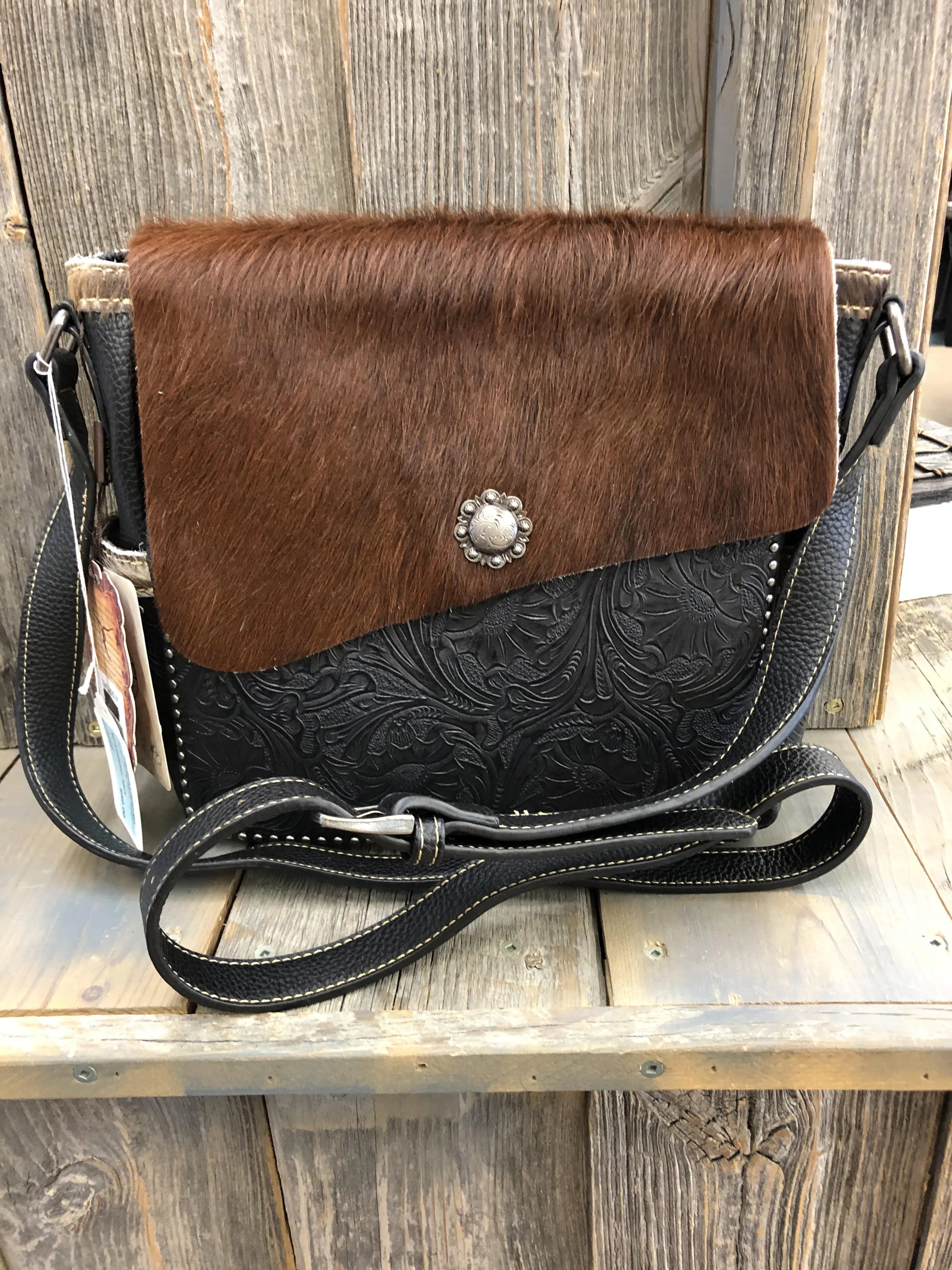 BGTR45G8360--Black Purse - Trinity Ranch Tooled/Hair