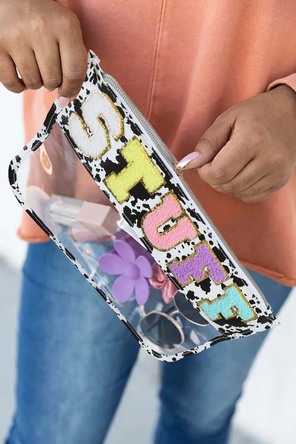 Black STUFF Animal Print Transparent Zipped Handbag
