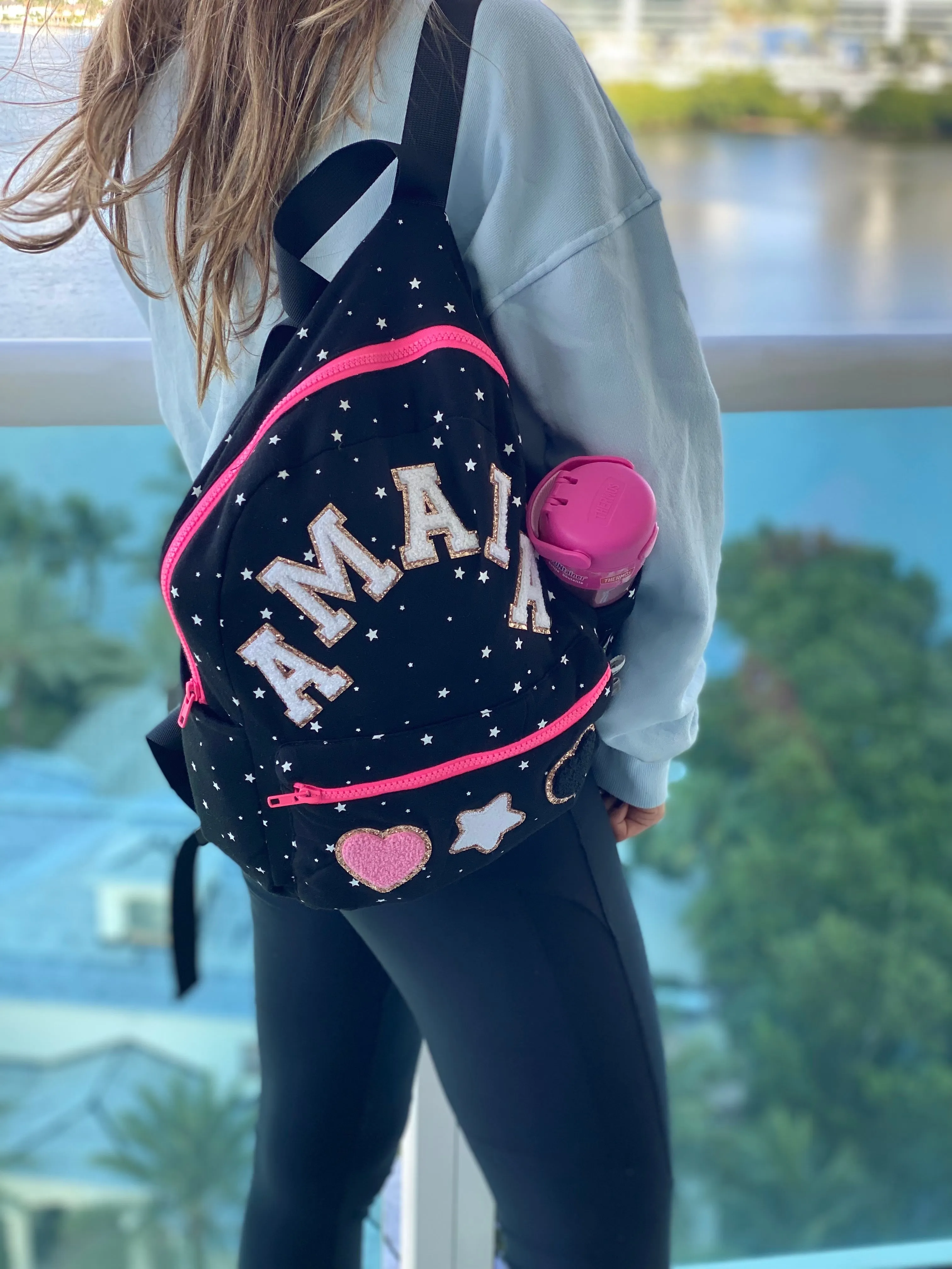 Black With White Stars pink zipper Backpack