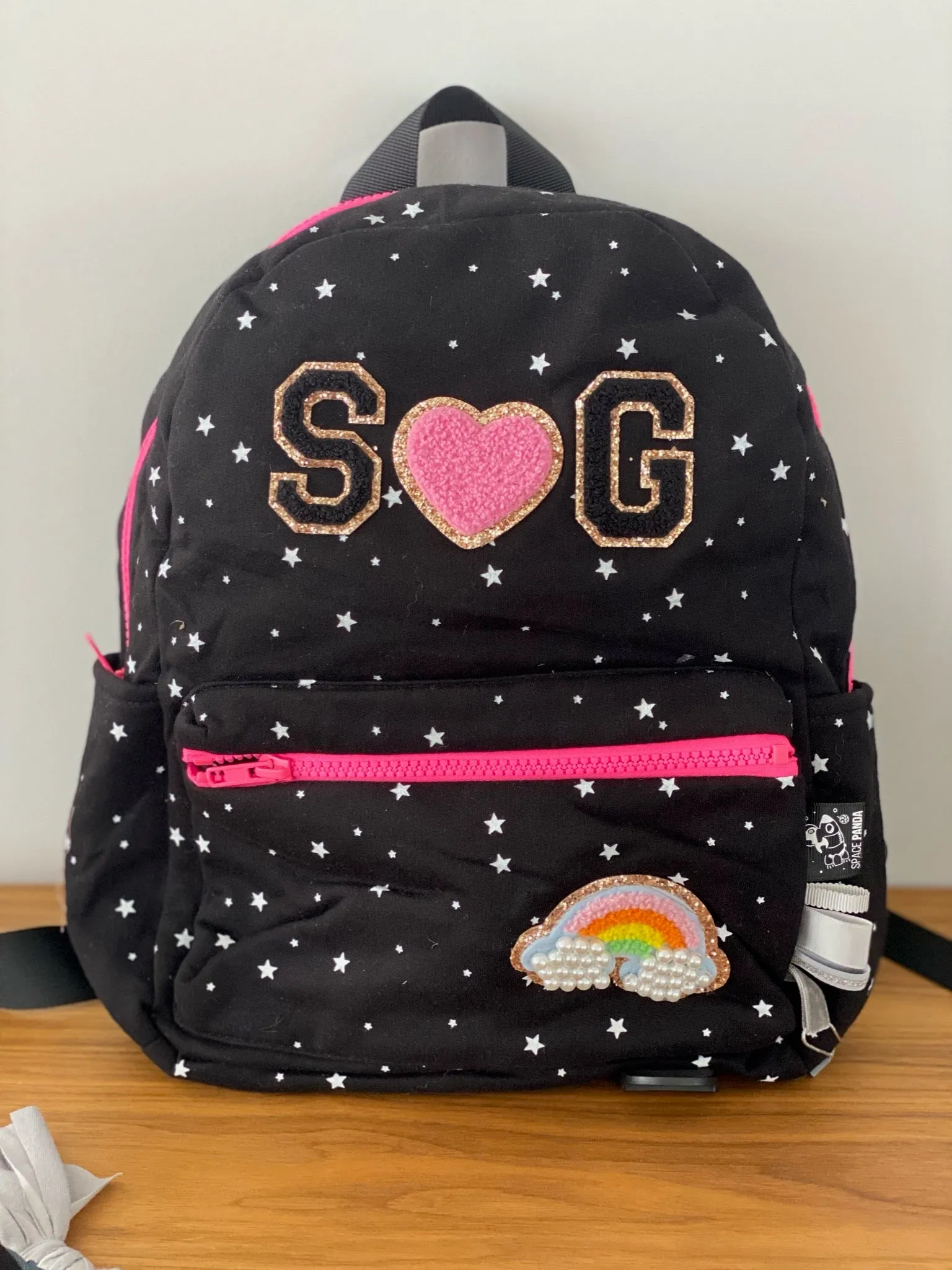 Black With White Stars pink zipper Backpack