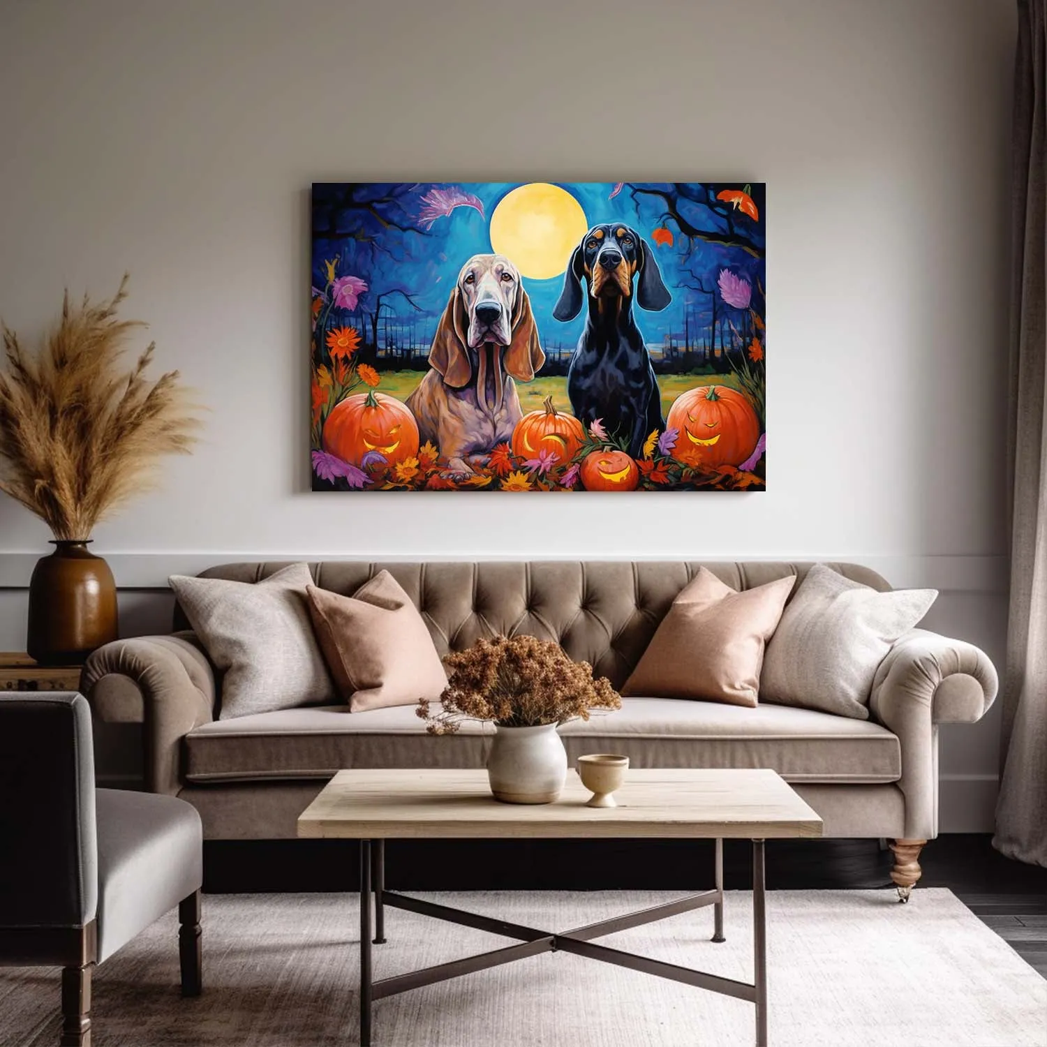 Bloodhound Dog Halloween With Pumpkin Oil Painting Van Goh Style, Wooden Canvas Prints Wall Art Painting , Canvas 3d Art
