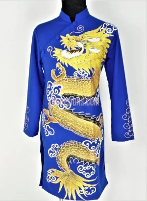 Blue Ao Dai Men -  Áo Dài Xanh Nam Vẽ Rồng Vải Co Giản Nhẹ