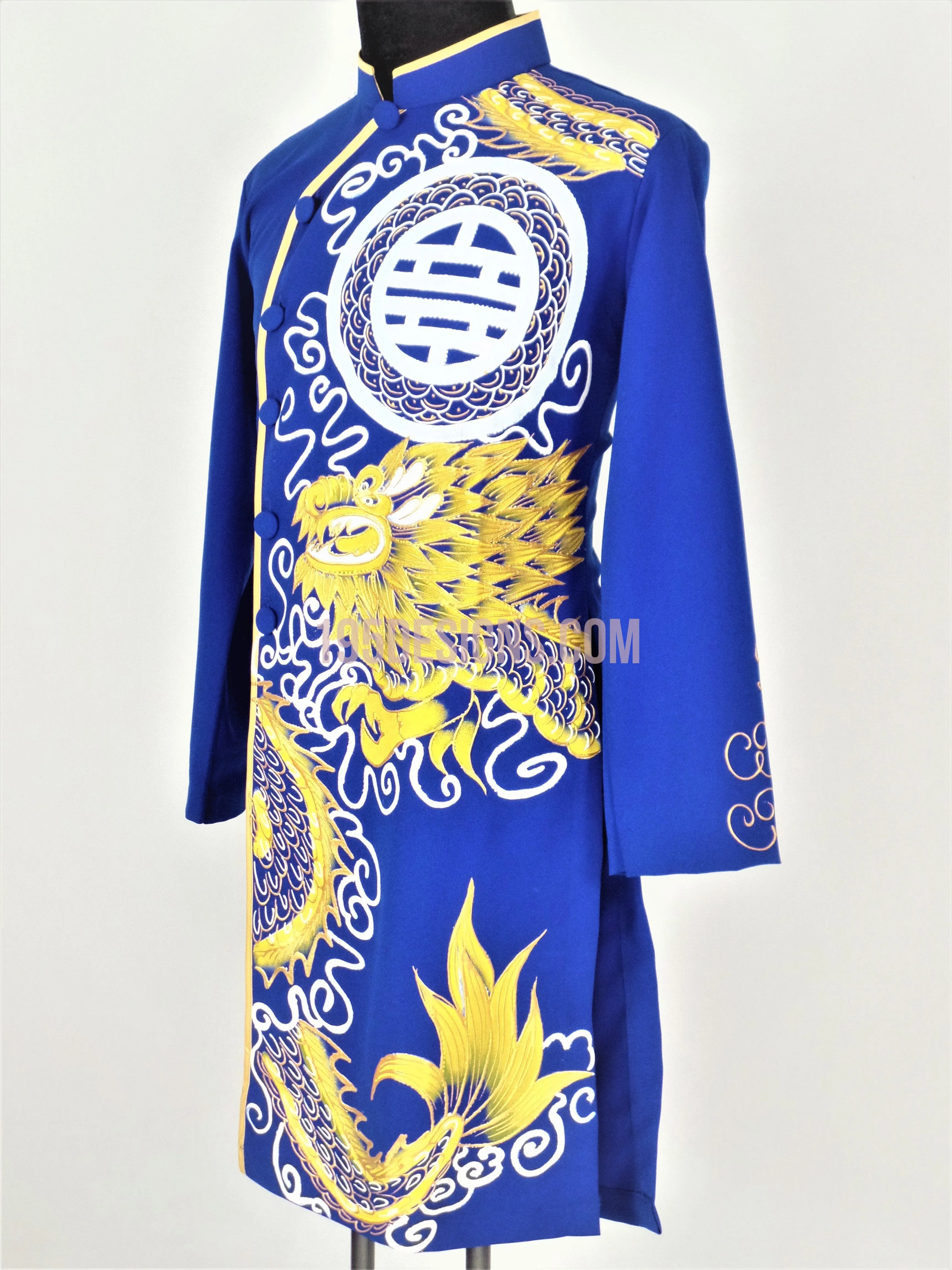 Blue Ao Dai Men -  Áo Dài Xanh Nam Vẽ Rồng Vải Co Giản Nhẹ