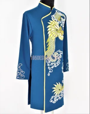 Blue Ao Dai Men -  Áo Dài Xanh Nam Vẽ Rồng Vải Co Giản Nhẹ