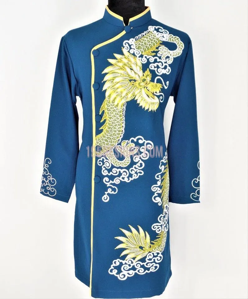 Blue Ao Dai Men -  Áo Dài Xanh Nam Vẽ Rồng Vải Co Giản Nhẹ