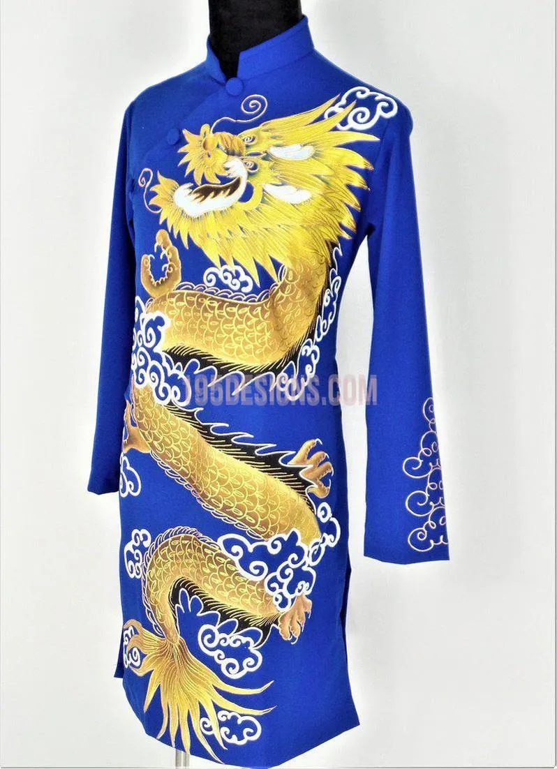 Blue Ao Dai Men -  Áo Dài Xanh Nam Vẽ Rồng Vải Co Giản Nhẹ