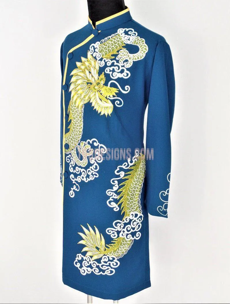 Blue Ao Dai Men -  Áo Dài Xanh Nam Vẽ Rồng Vải Co Giản Nhẹ