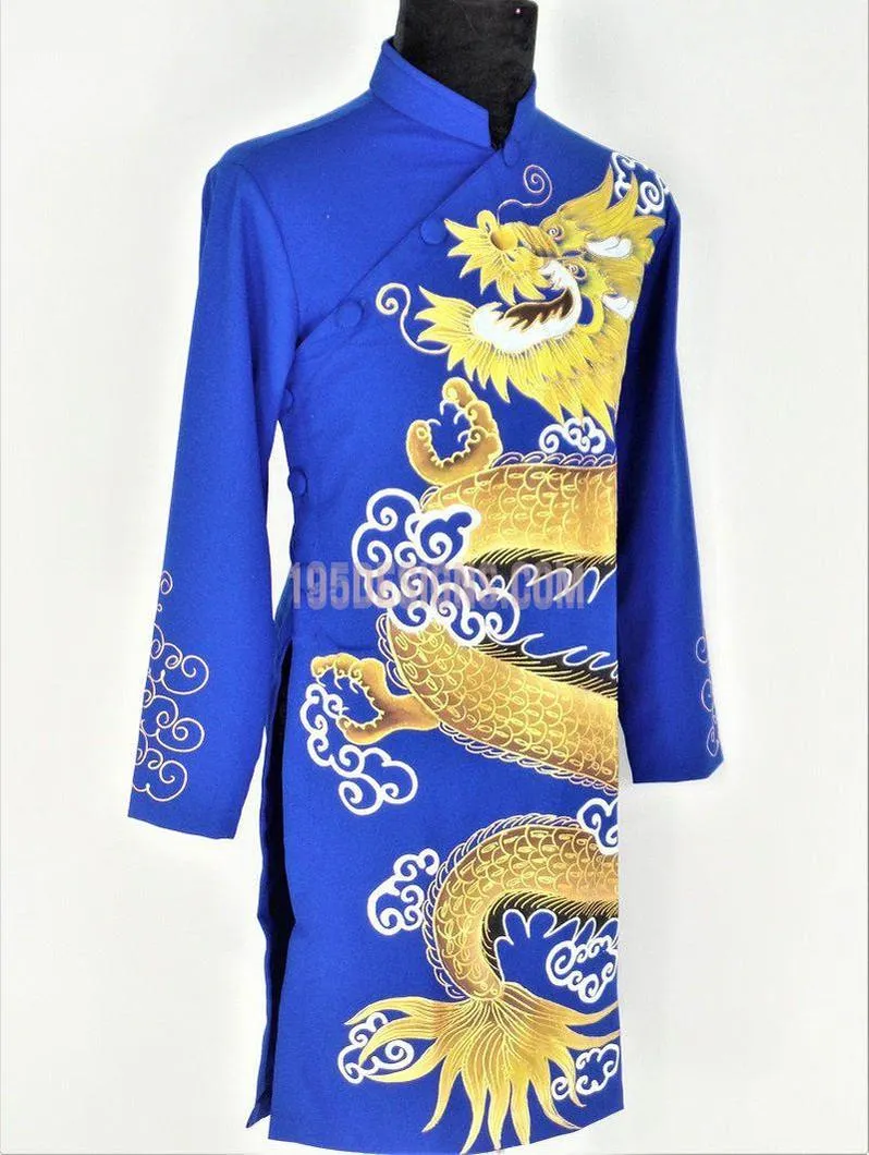 Blue Ao Dai Men -  Áo Dài Xanh Nam Vẽ Rồng Vải Co Giản Nhẹ
