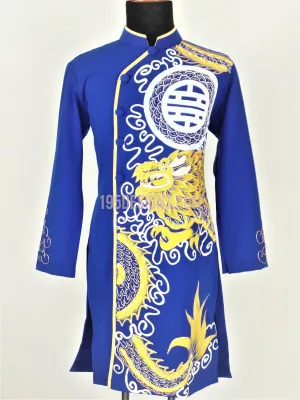 Blue Ao Dai Men -  Áo Dài Xanh Nam Vẽ Rồng Vải Co Giản Nhẹ