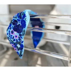 Blue Floral Turban Seed Beaded Headband S