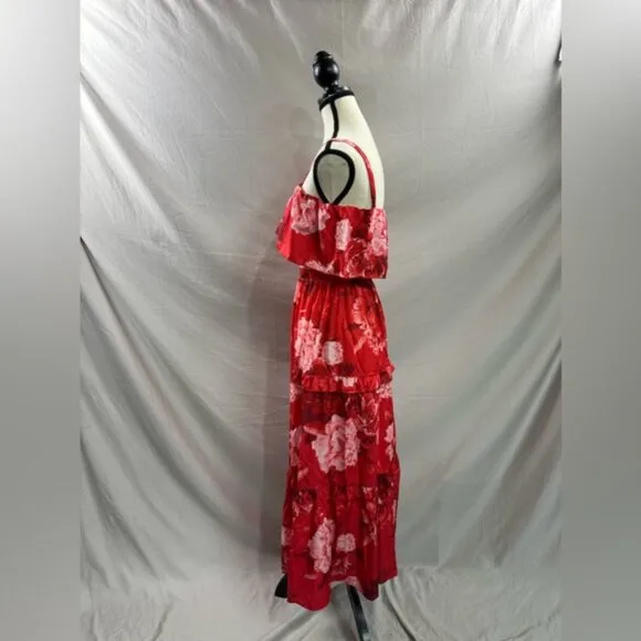 Boho Floral Ruffle Maxi Skirt And Cami RuffleTop Set Red