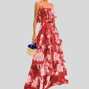 Boho Floral Ruffle Maxi Skirt And Cami RuffleTop Set Red