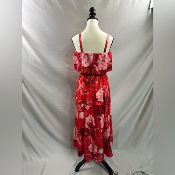 Boho Floral Ruffle Maxi Skirt And Cami RuffleTop Set Red
