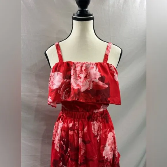 Boho Floral Ruffle Maxi Skirt And Cami RuffleTop Set Red