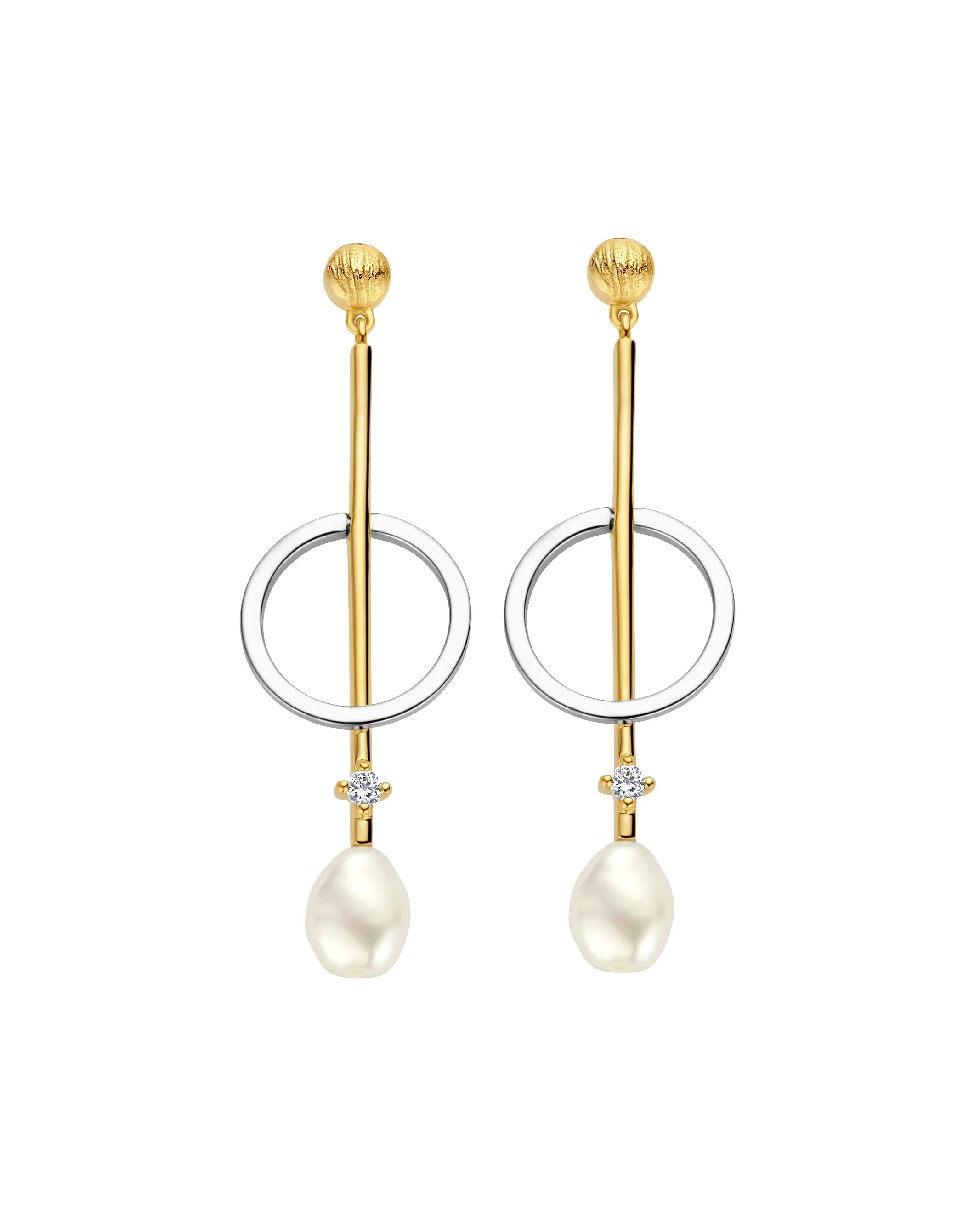 Boucles d'oreilles FJF - Classic Circle, Argent Bicolore, Zircon et Perle (FJF0030031B)