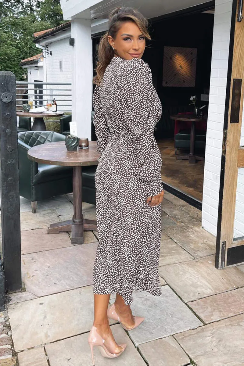Brown Printed Long Sleeve Split Leg Midi Dress