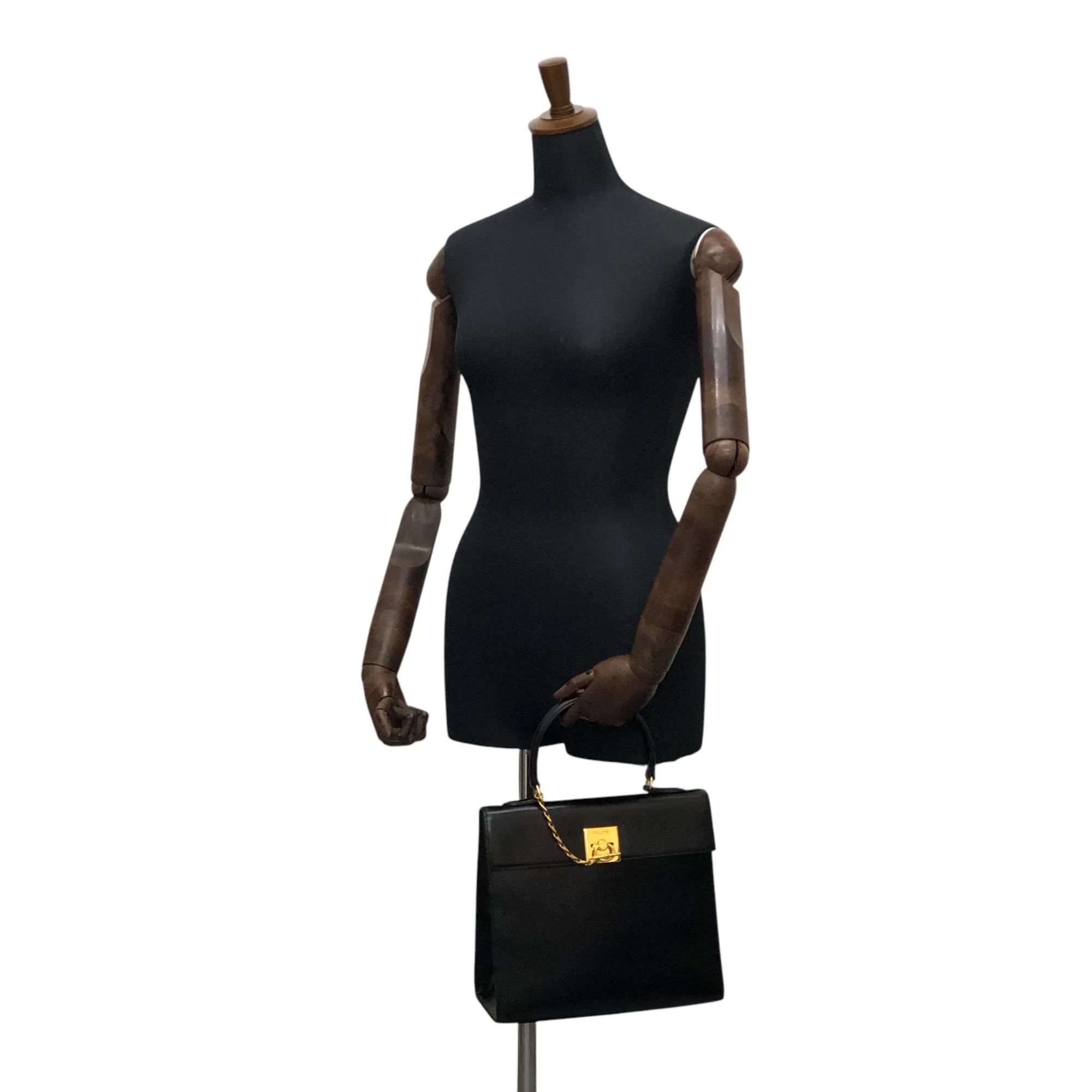 CELINE Gancini Top Handle Handbag Black Vintage a8utvp