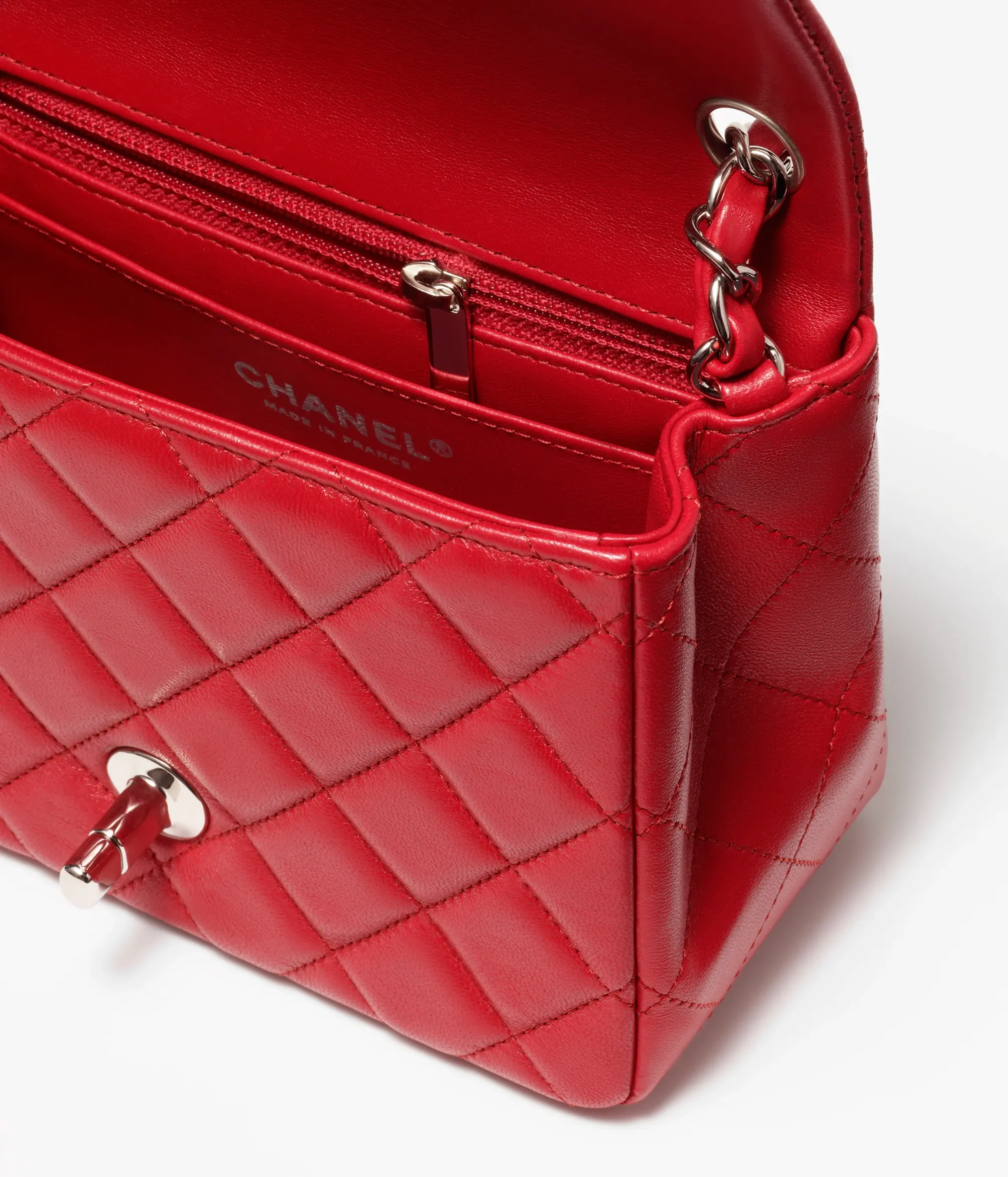 Chanel Red Lambskin & Silver-Tone Metal Lambskin Mini Flap Bag
