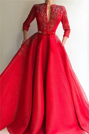 Charming Sequins Tulle V-neck Red Jewel 3/4 Sleeves Appliques Long Prom Party Gowns