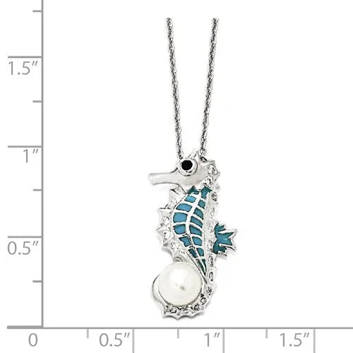 Cheryl M Sterling Silver CZ Freshwater Pearl Seahorse Necklace