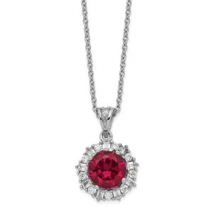 Cheryl M Sterling Silver Round Created Ruby & CZ Halo Pendant Necklace