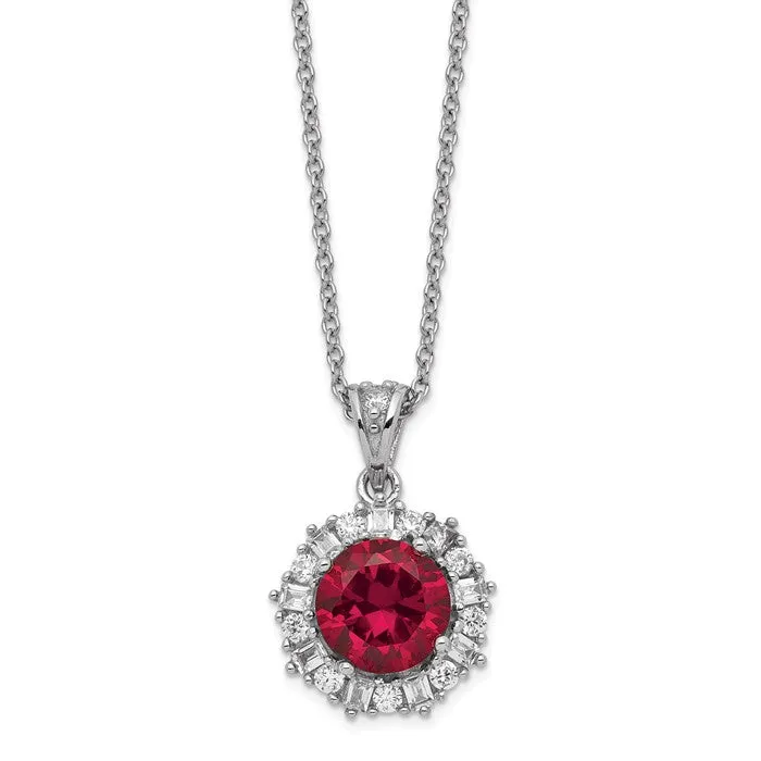 Cheryl M Sterling Silver Round Created Ruby & CZ Halo Pendant Necklace