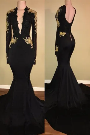 Chic Black prom dress Mermaid Long Sleeves Evening Dress