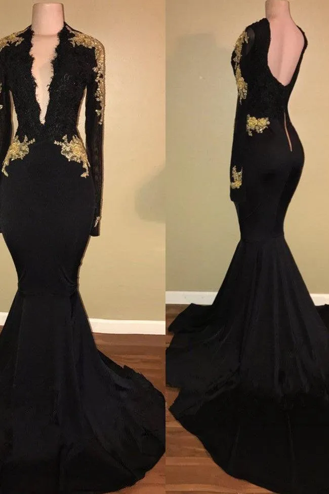 Chic Black prom dress Mermaid Long Sleeves Evening Dress