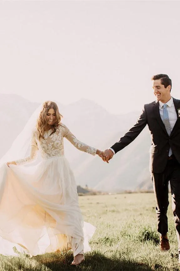 Chic Long Sleeves Tulle A line Wedding Dresses Appliques Floor Length Bridal Gowns