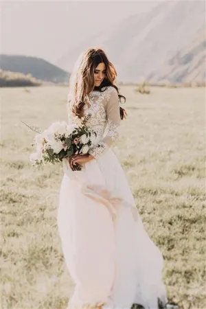 Chic Long Sleeves Tulle A line Wedding Dresses Appliques Floor Length Bridal Gowns