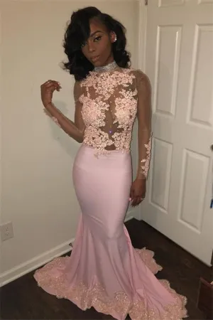 Chic Mermaid Pink High Neck Prom Dresses Long Sleevess Appliques Evening Gowns with Beadings