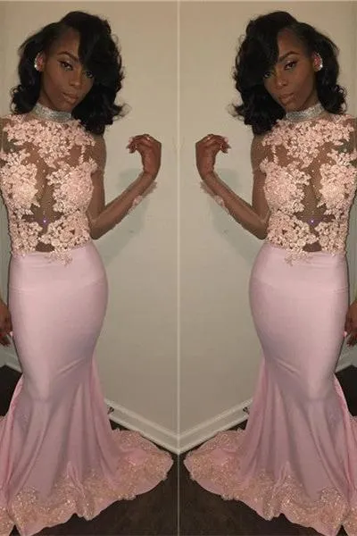 Chic Mermaid Pink High Neck Prom Dresses Long Sleevess Appliques Evening Gowns with Beadings