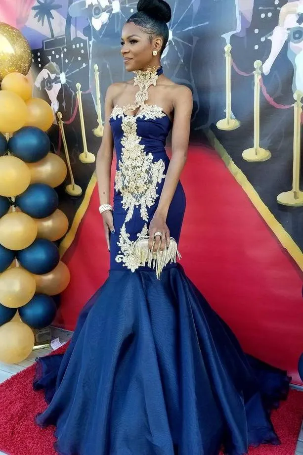 Chic Navy Blue Mermaid Prom Dresses High Neck Appliques Evening Dresses