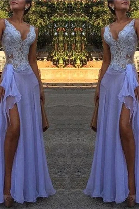 Chic See Through V-Neck Evening Dresses A-Line Sleeveless Lace Ball Dress